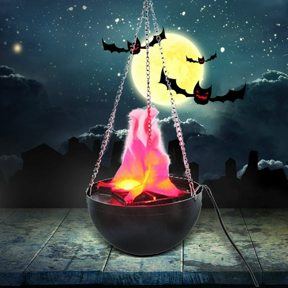 Diceymbol Halloween LED Flame Light Brazier Flickering Fake Fire Chandelier with Chains Safe Electric Spooky Manor Decor