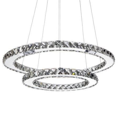 Dining Room Lights Modern Best Choice Products 2-Ring Crystal Eclipse Modern LED Pendant Chandelier Dining Room Ceiling Light Fixture, Silver ()