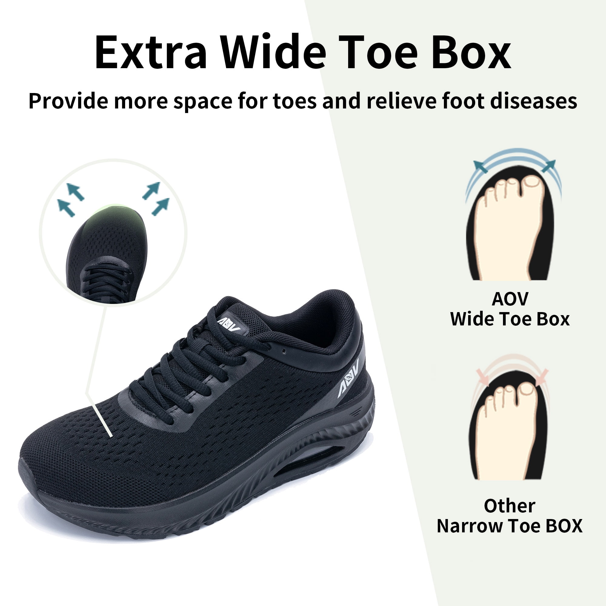 AOV Wide Toe Box Shoes Women Arch Support Walking Shoes for Plantar Fasciitis Orthotic Air Tennis Sneakers AllBlack Size 10