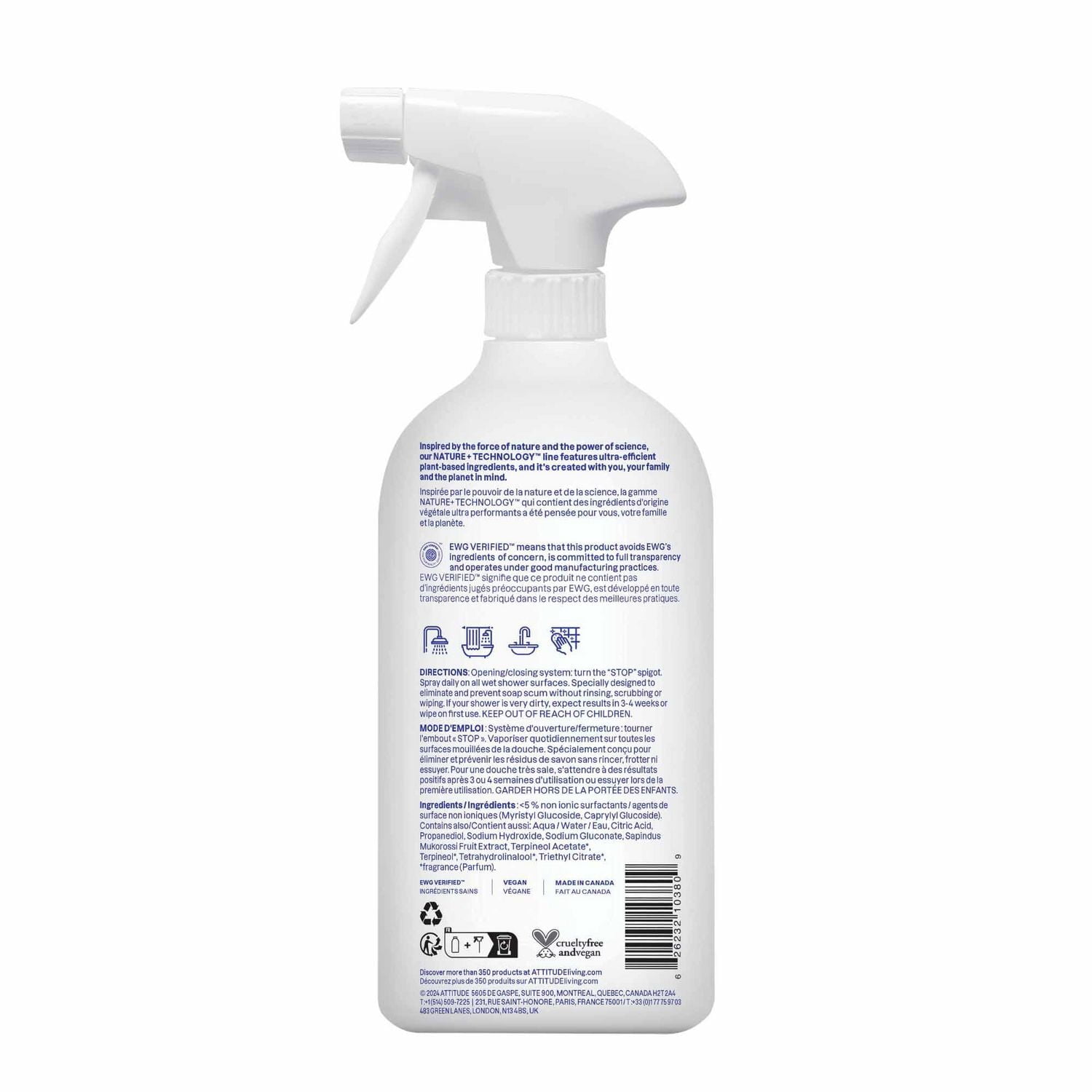 ATTITUDE Nettoyant pour Douche et Tuiles en spray, Zeste d'Agrumes, Nature+ Technology, 800ml 800 mL