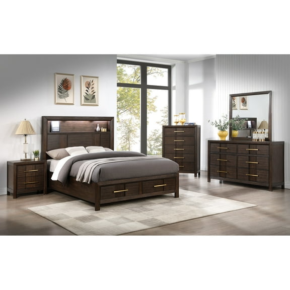 Walnut Queen Bedroom 5pc , With Led Headboard For Cozy Ambiance & Storage Modern Built-in Speakers And Drawers In