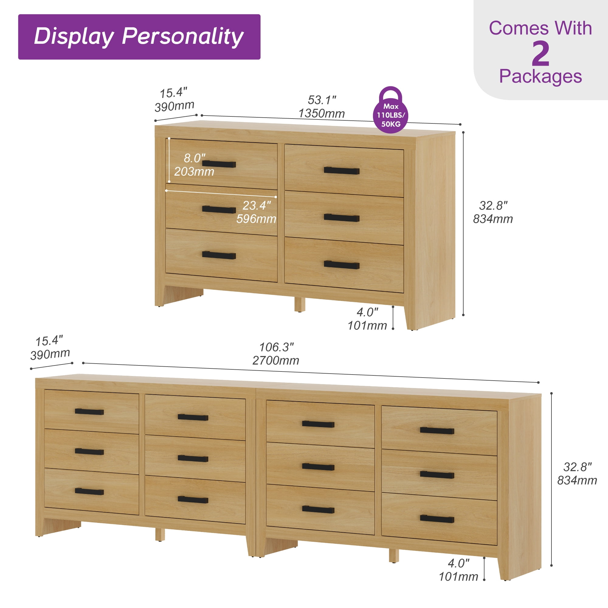 WAMPAT Farmhouse Wooden Sideboard with 12 Drawers, 106 Inch Wide Rustic Storage Sideboard Cabinet, Multi-Functional Buffet Cabinet for Living Room, Dinning Room, Oak