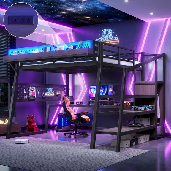 Bellemave Queen Size Loft Bed with Desk and Stairs, Metal Gaming Loft Bed Frame with USB Ports, LED Lights, Wardrobe and Pegboard, Noise-Reduced Design (Black)