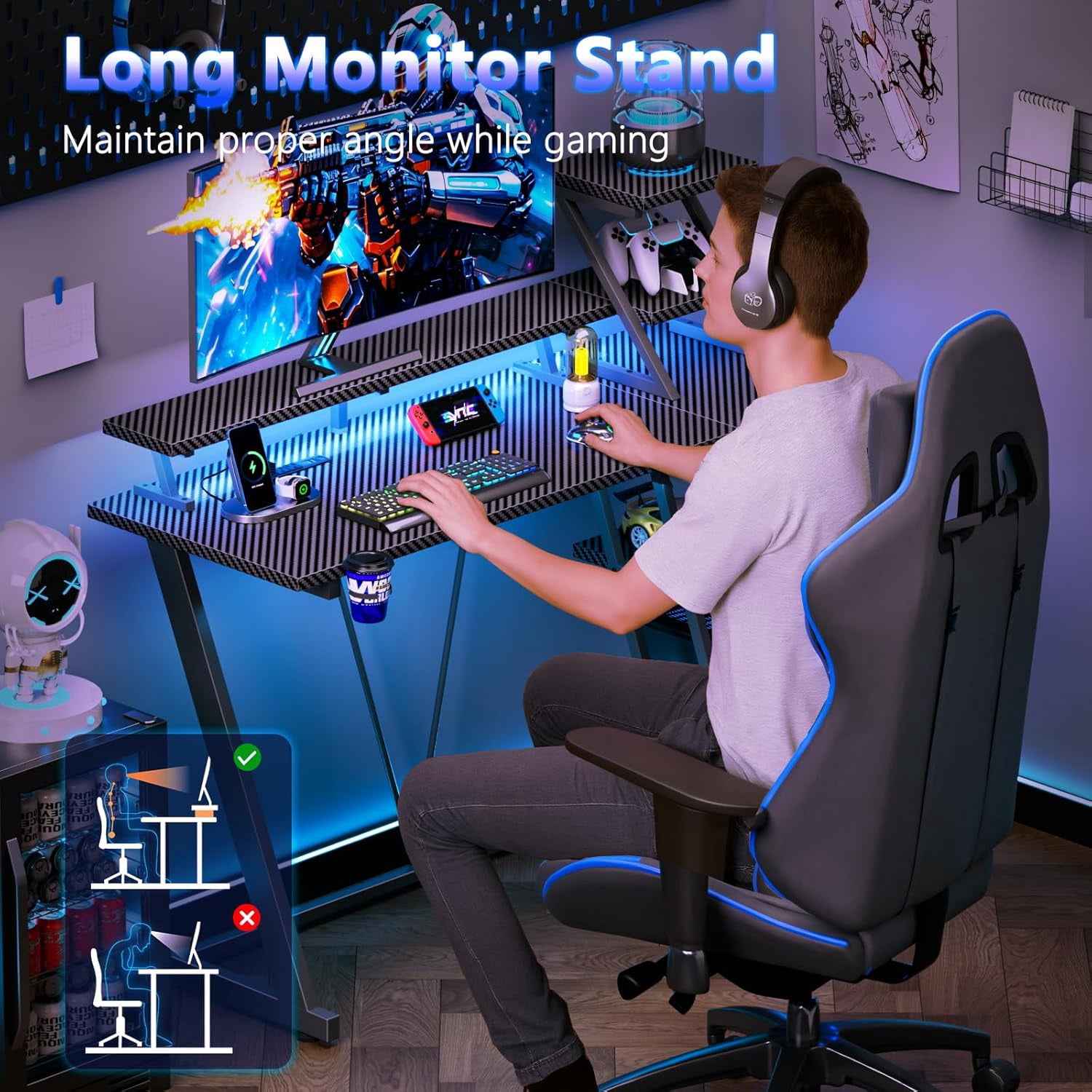 40 Inch Gaming Desk with LED Lights & Power Outlet, L Shaped Computer Gaming Table with Storage Shelves, Reversible Corner Desk with Monitor Stand for Home Office, Carbon Fiber Black