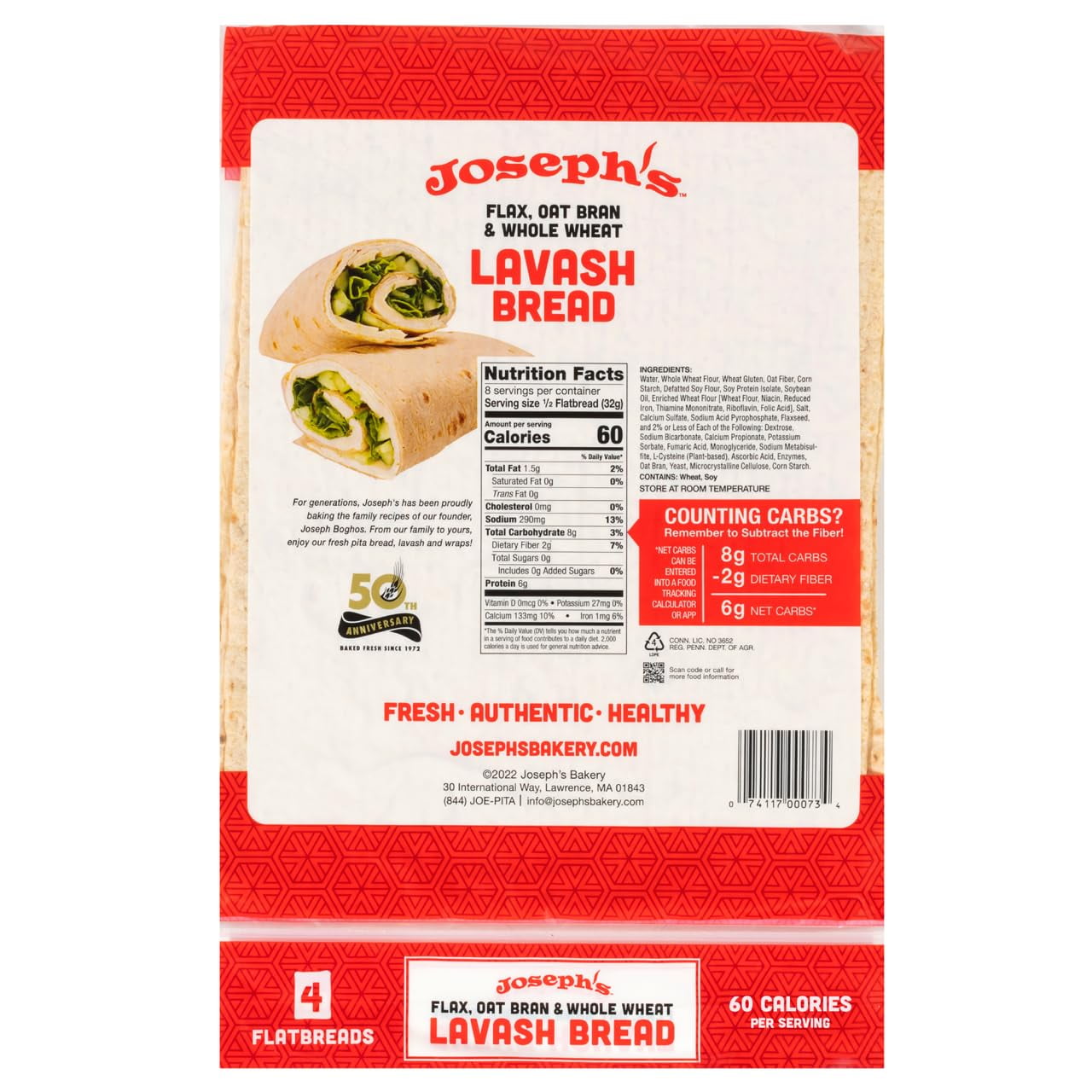 Bakery Lavash Bread, Flax Oat Bran & Whole Wheat, Reduced Carb, Baked (12 Count Flax)