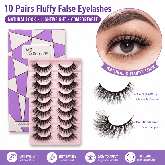 False Eyelashes Natural Look 10 Pairs Reusable Adhesive Eyelashes