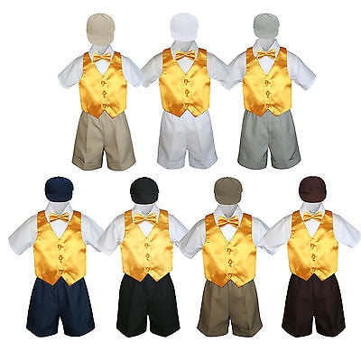 Boy Toddler Formal Yellow Vest Bow Tie Navy Black Gray Brown Khaki Hat 5pc S-4T