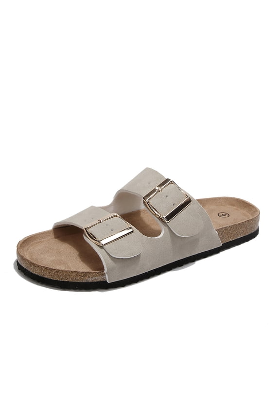 Women Cork Footbed Comfort Sandals Slip On Slides Adjustable Double Buckle Strap Summer Beach Daily Walking