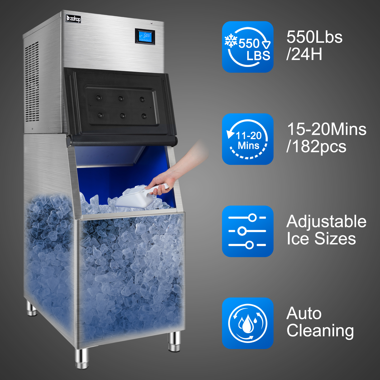 Mirfee 550LB/24H Smart Commercial Ice Maker – 300LB Storage Bin, Auto Cleaning, 110V