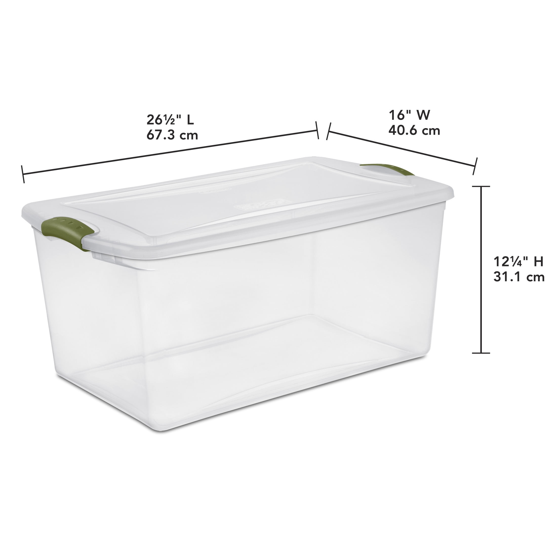 Sterilite 62 Liter Latch Box, Clear Plastic Storage Bin with Lid, Green Latch