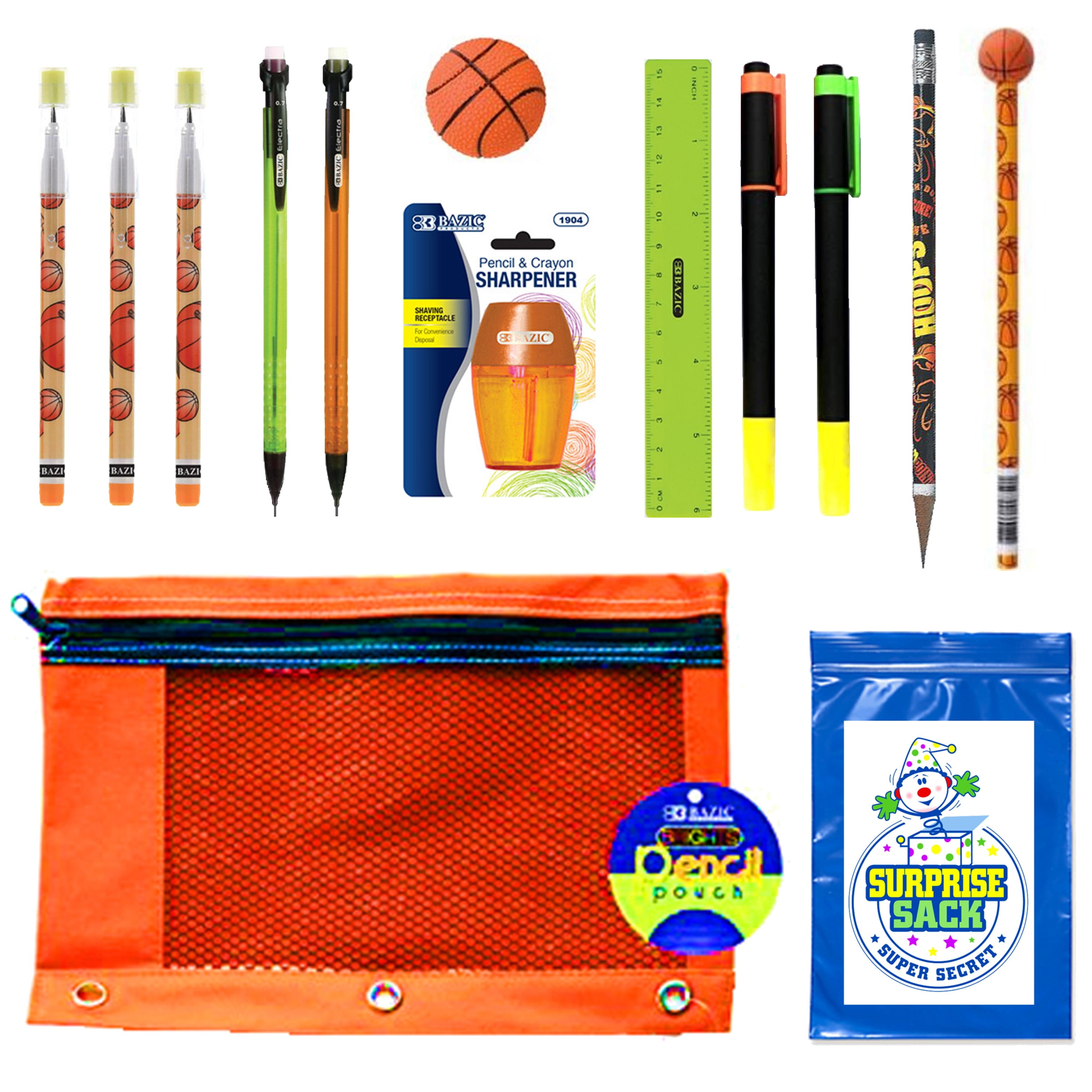 Basketball Kids Sports Themed Pencil Pouch Case, Pencils, Erasers