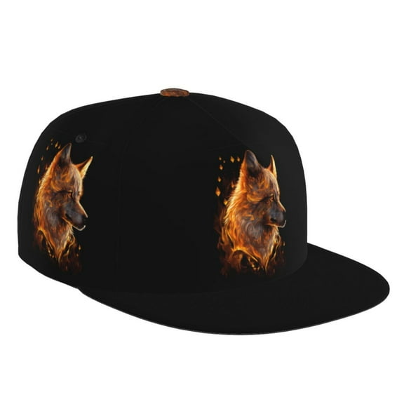 Flat Bill Trucker Hats for Women Men - Gold Flame Pattern Wolf Adjustable Flat Baseball Cap Snapback Hats Dad Hats for Men