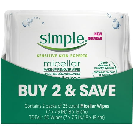 2 Pack, Simple Micellar Makeup Remover Wipes