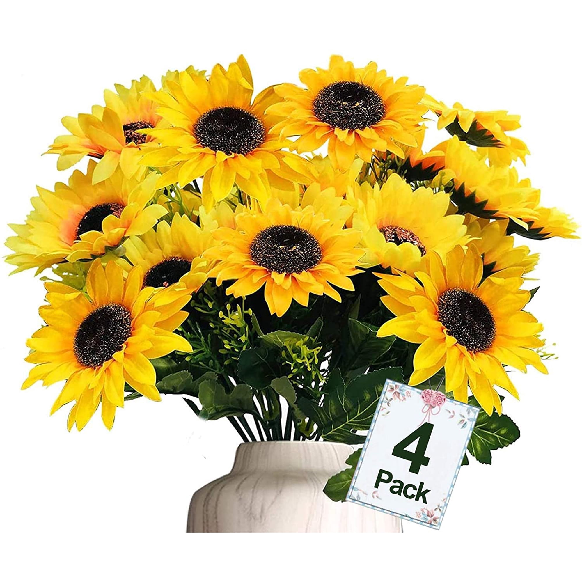 Limei 4 Bouquet 28 Heads Sunflowers Artificial Flowers Bulk Spring Decor, Fake Flowers Silk Faux Sunflower Bouquet Arrangement for Vase Wedding Table Home Porch Indoor Outdoor Summer Decorations