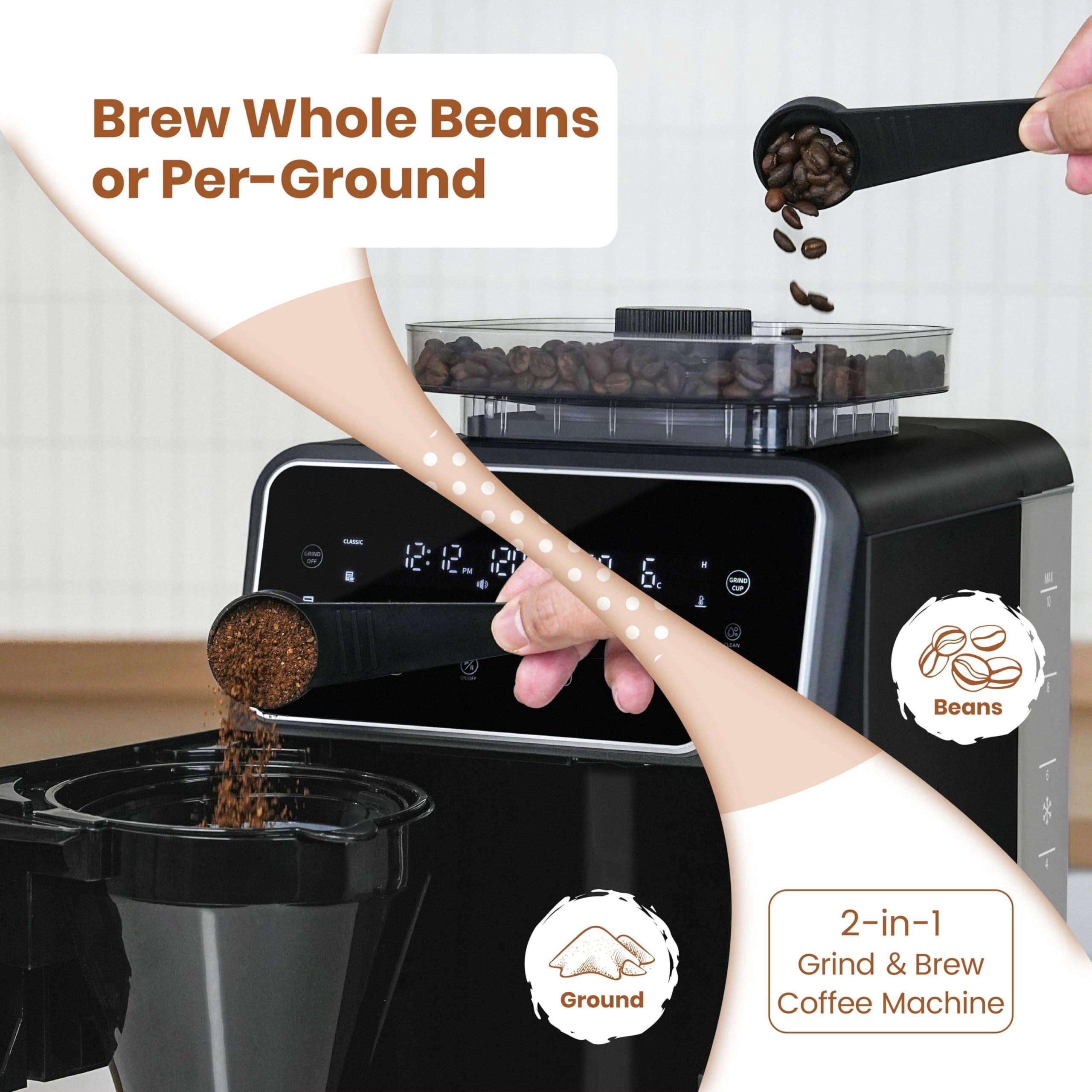 Gevi 10 Cup Drip Coffee Maker With Built-in Burr Grinder Programmable Touch Screen 4 Hour Keep Warm Permanent Filter Home Office