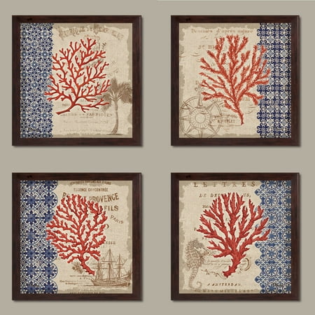 - Red Tan and Blue Coral Collage Art, Coastal Decor; Four 12 by 12-Inch Brown Framed Prints Ready to hang! Blue/Brown/Green