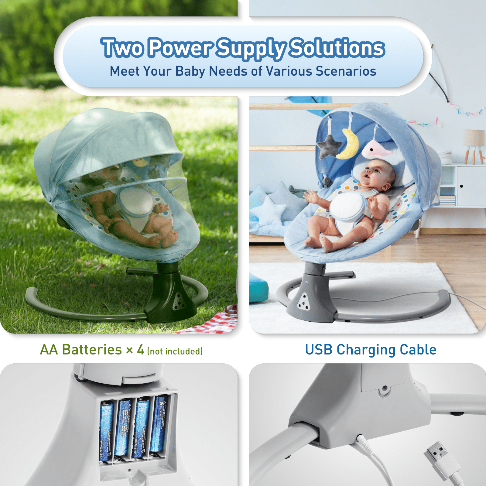Baby Swing for Infants -  Remote Control Baby Swing Chair , 5 Speed Settings, 12 Lullabies, 3 Timer, 3 Angle, Cordless, USB Plug (Blue)