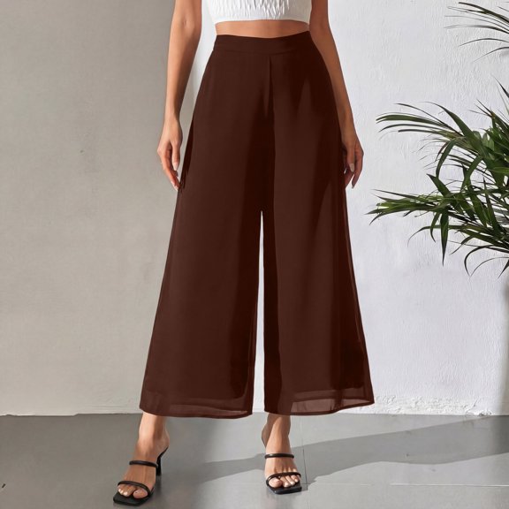 Cagogo Women's Wide Leg High Waisted Flowy Casual Loose Long Palazzo Pants Trousers for Summer Beach Vacation Work Lounge with Pockets Fashion Clothes, Brown S