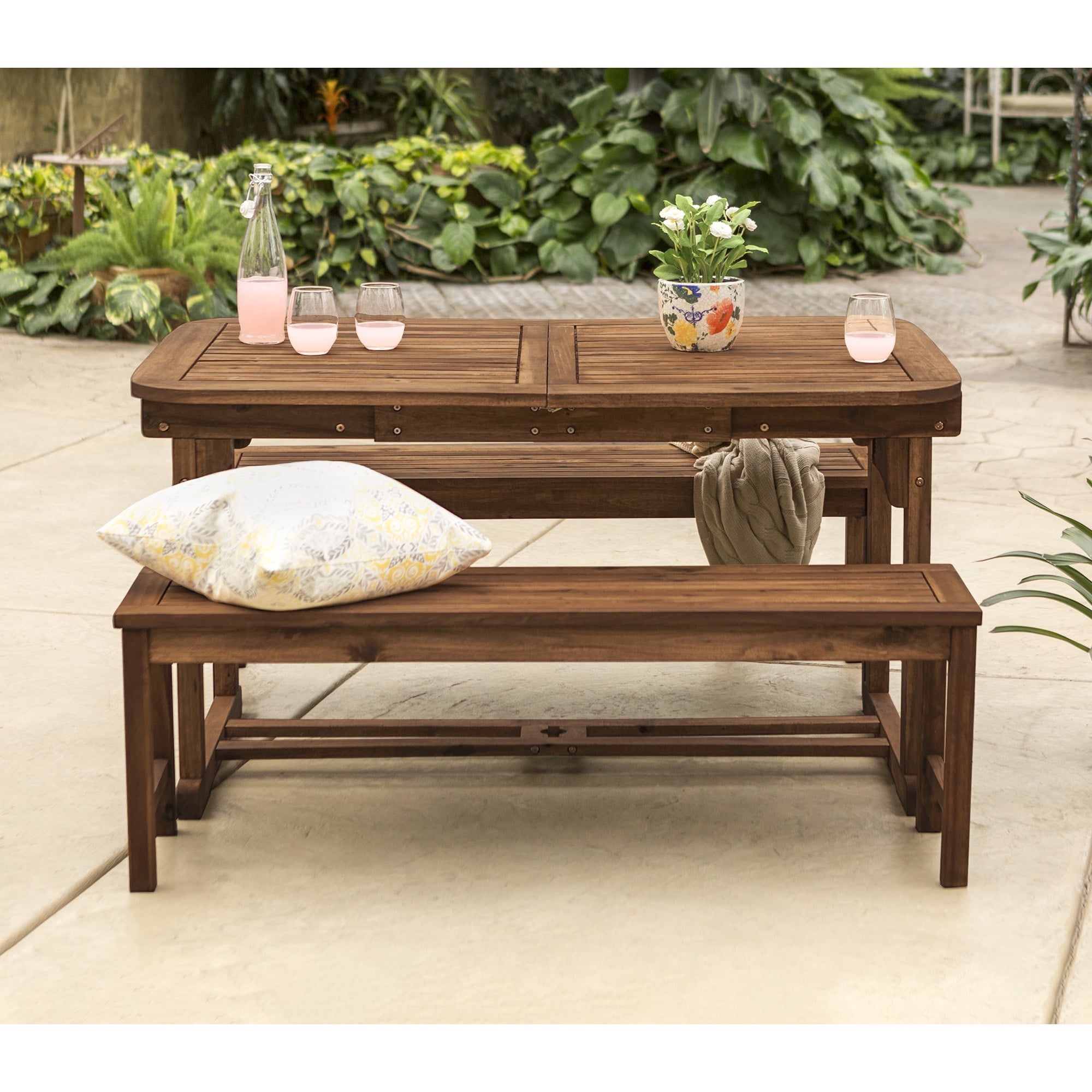 Walker Edison Wooden Picnic Table with Umbrella Hole, Dark Brown