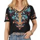 thumbnail image 1 of Bordado V cuello blusa tipo regular bordado manga corta blusa superior para mujer dama chica, 1 of 6