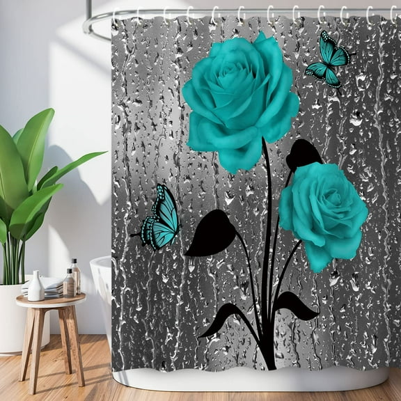 Teal Shower Curtain, Turquoise Shower Curtain, Gray Shower Curtain Rose Fall Raindrop Dark Blue Floral on Grey Shower Curtains, 72W x 72H Inch Shower Curtain with Hooks As Country Bath Decor