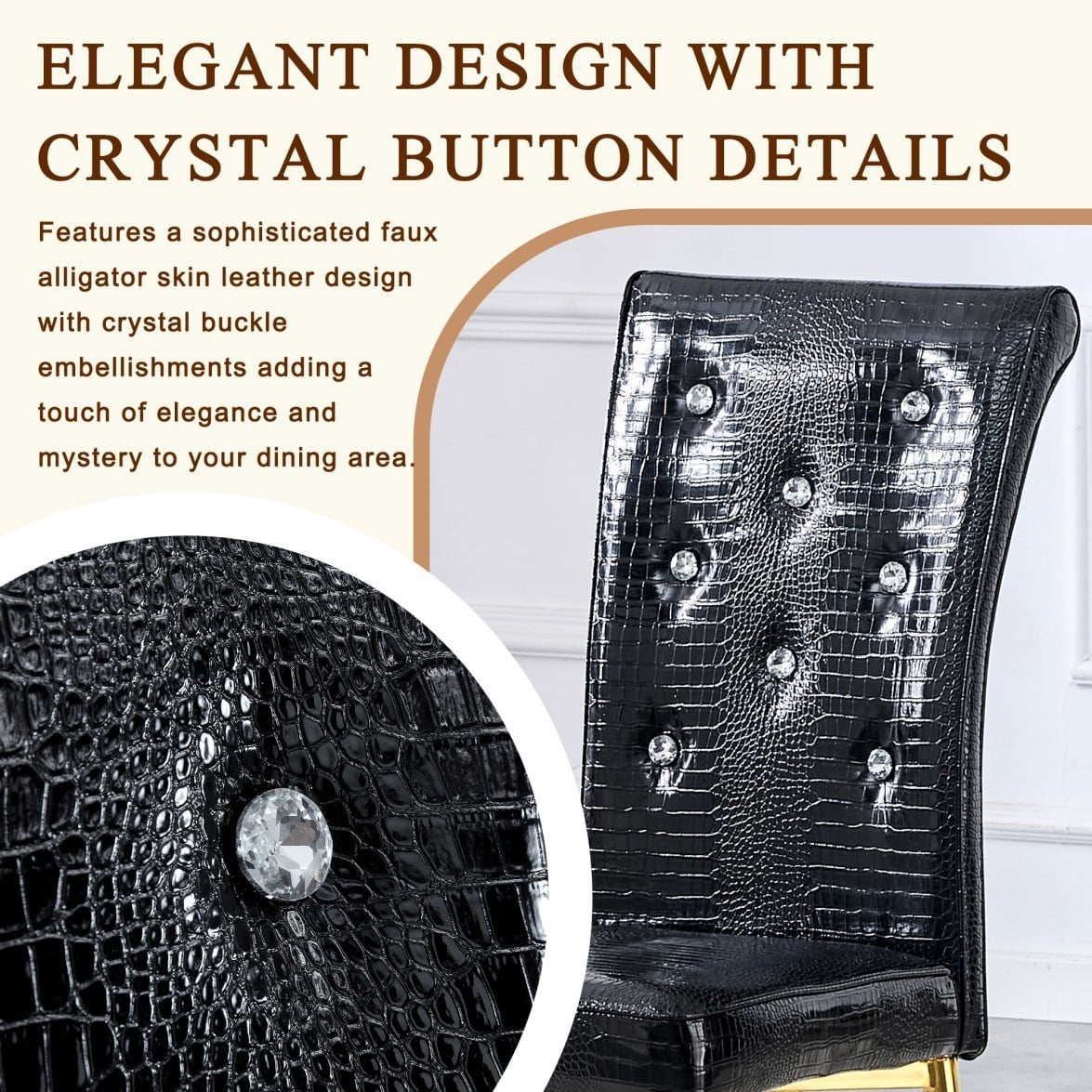 Set of 2 Retro Dining Chairs, Faux Alligator Leather Upholstered Chairs with Crystal Button Details & Gold-Plated Metal Feet, 400 LBS, Black & Gold