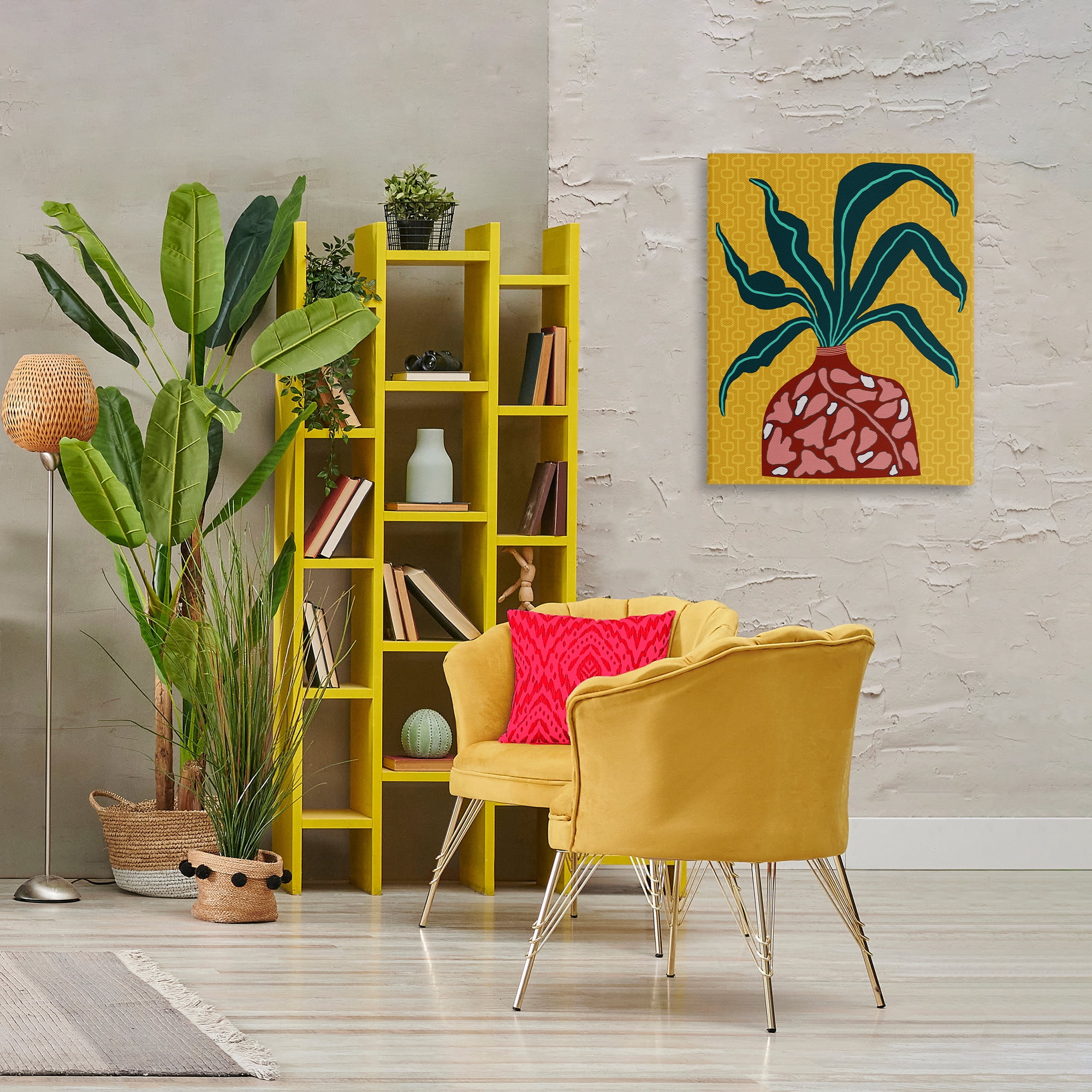 Stupell Industries Spider Plant on Yellow Plants & Flowers Painting Wrapped Canvas Art Print Wall Art, 24 x 30