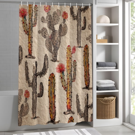 Watercolor Cactus Shower Curtain for Bathroom, Abstract Floral Desert Fabric Shower Curtain Set with Hooks, Waterproof Washable Bath Curtain for Bathroom Decor, 72"x72"
