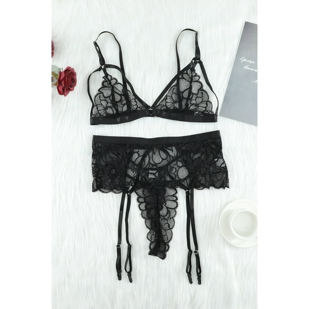 Women's 3 Piece Lingerie Set Floral Lace Criss Cross Bralette Suit Bra and  Panty Set with Garter Belt Strappy Babydoll : : Clothing, Shoes 