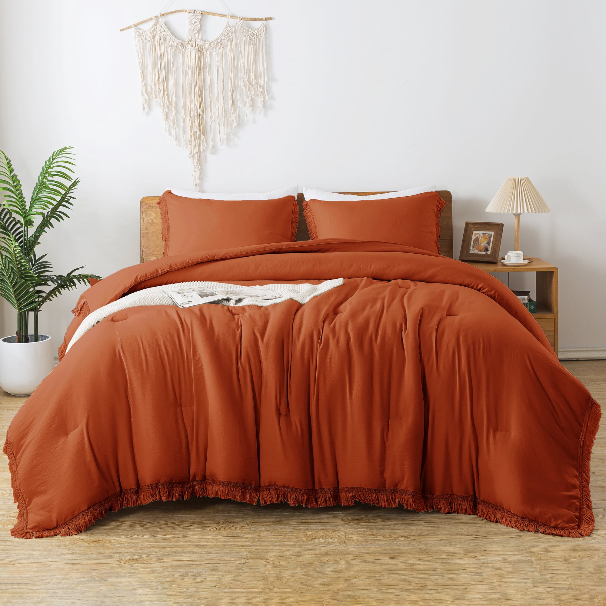 Andency California King Comforter Sets Burnt Orange, 3 Pieces Boho Tassel Terracotta Oversized Fall Bedding Comforter Sets, All Season Soft Fluffy Rust Down Alternative Bed Set