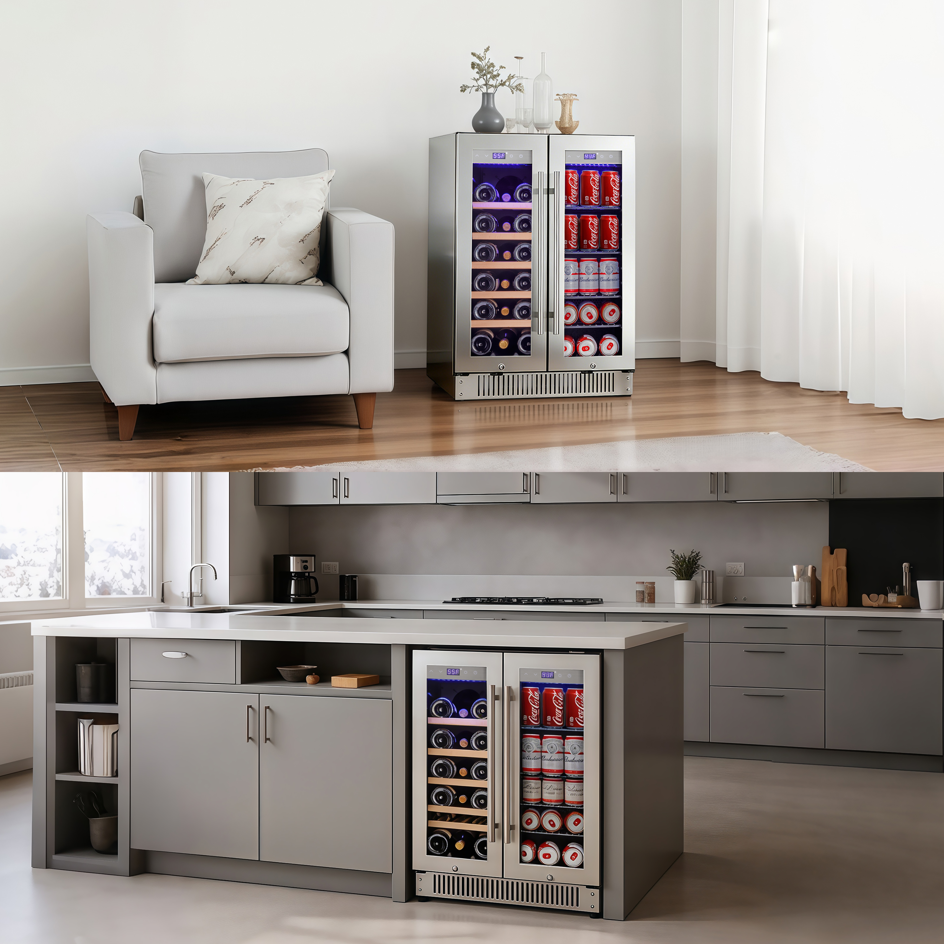 AIchiller 24 inch French Door Dual Zone Wine Cooler, Flexible Installation Beverage Refrigerator for Under Counter Beer Storage