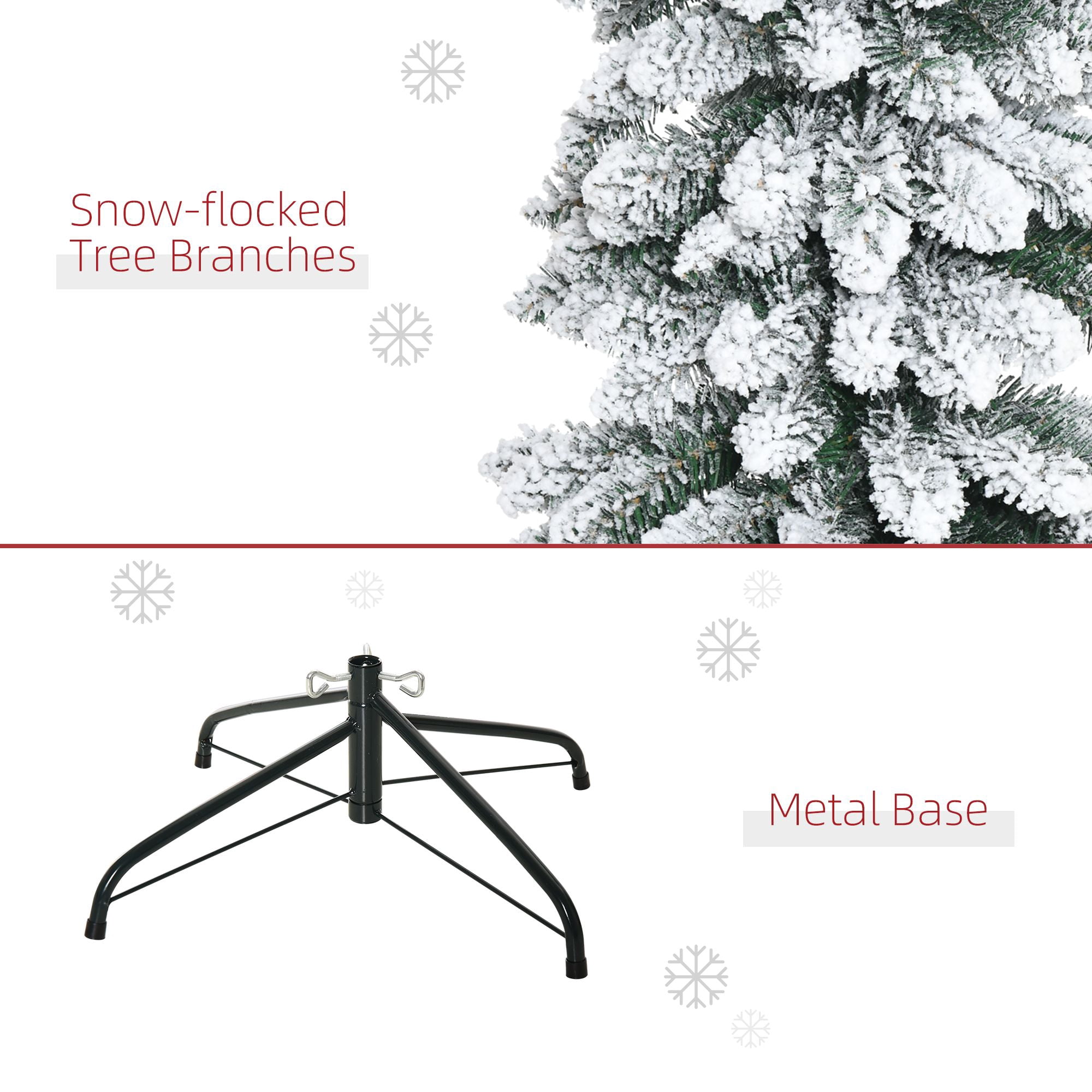 6ft Snow-Flocked Christmas Tree, Slim Pencil Xmas Tree with 395 Realistic Branches & Metal Base, Green