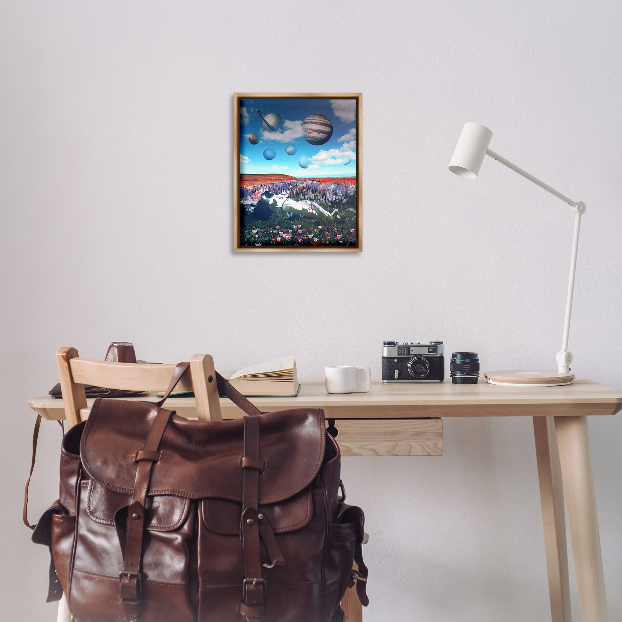 Stupell Industries Astronaut & Overhead Planets Astrology & Stars Painting Brown Floater Framed Canvas Art Print Wall Art, 17 x 21