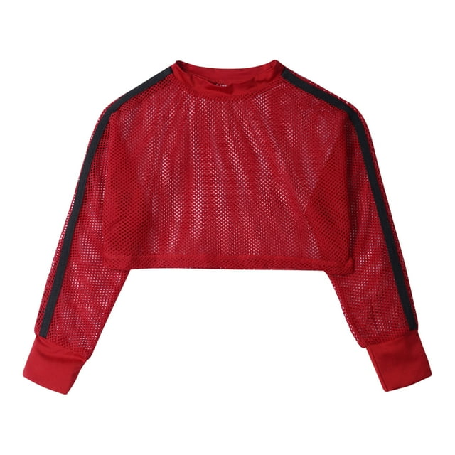 LiiYii Chandail en Molleton pour Filles Adolescentes Résille Manches Longues Chemise Chandail Hip Hop Danse de Rue Rouge 16
