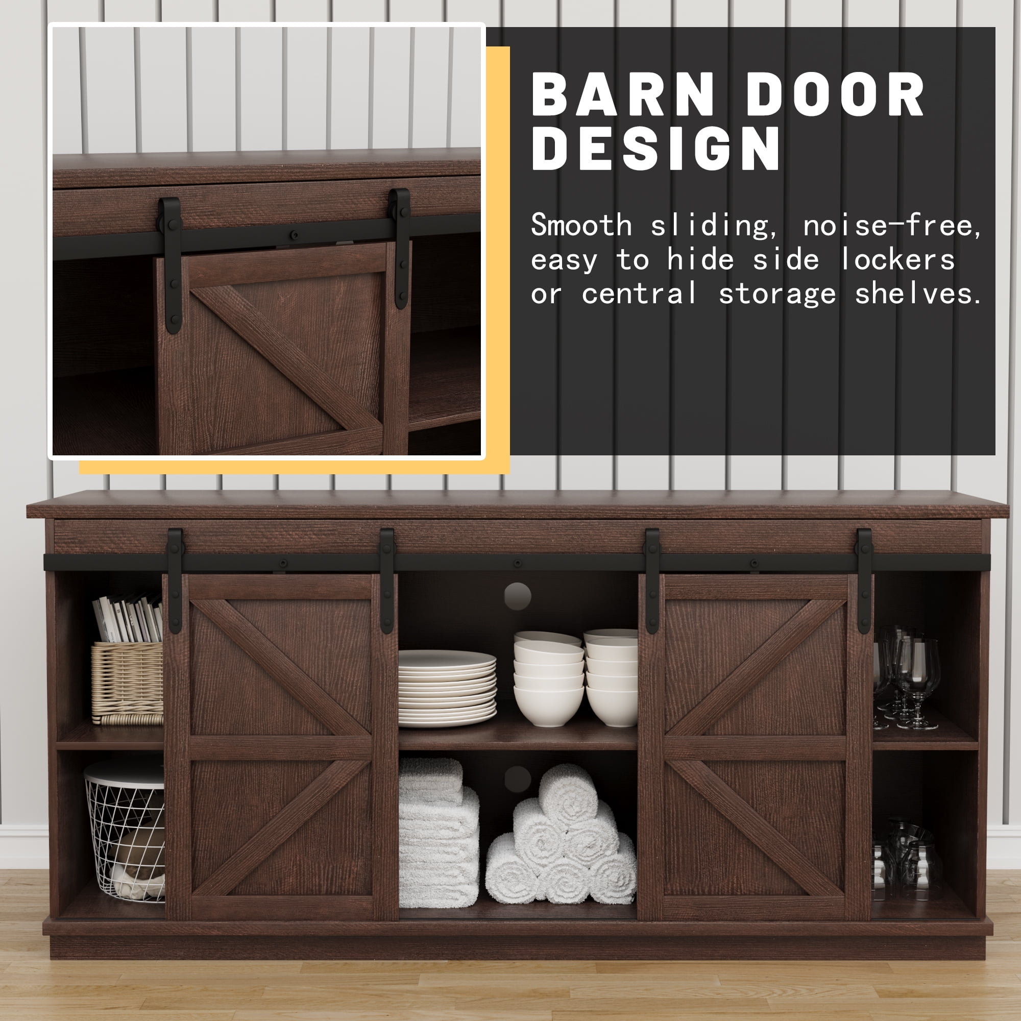 Vineego 58 inch Farmhouse TV Stand and Entertainment Center for Televisions,with Sliding Barn Doors and Storage Cabinets,Chocolate
