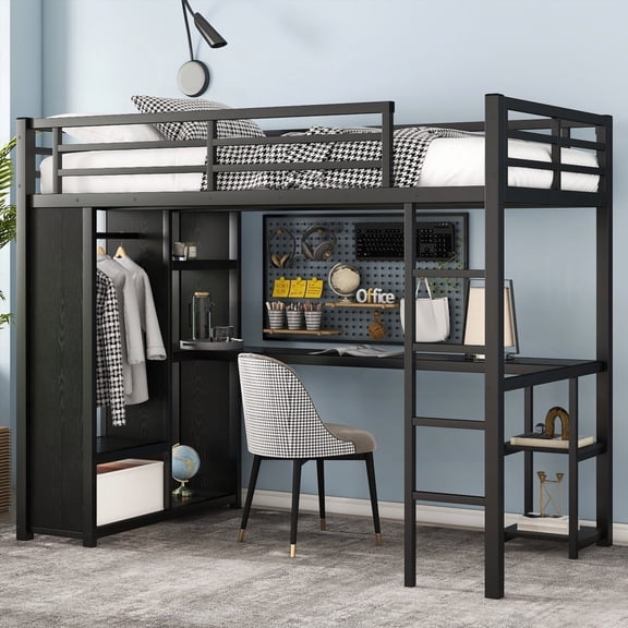 Black Twin XL Loft Bed Frame having Wardrobe, Desk & Storage - Space-Saving Design