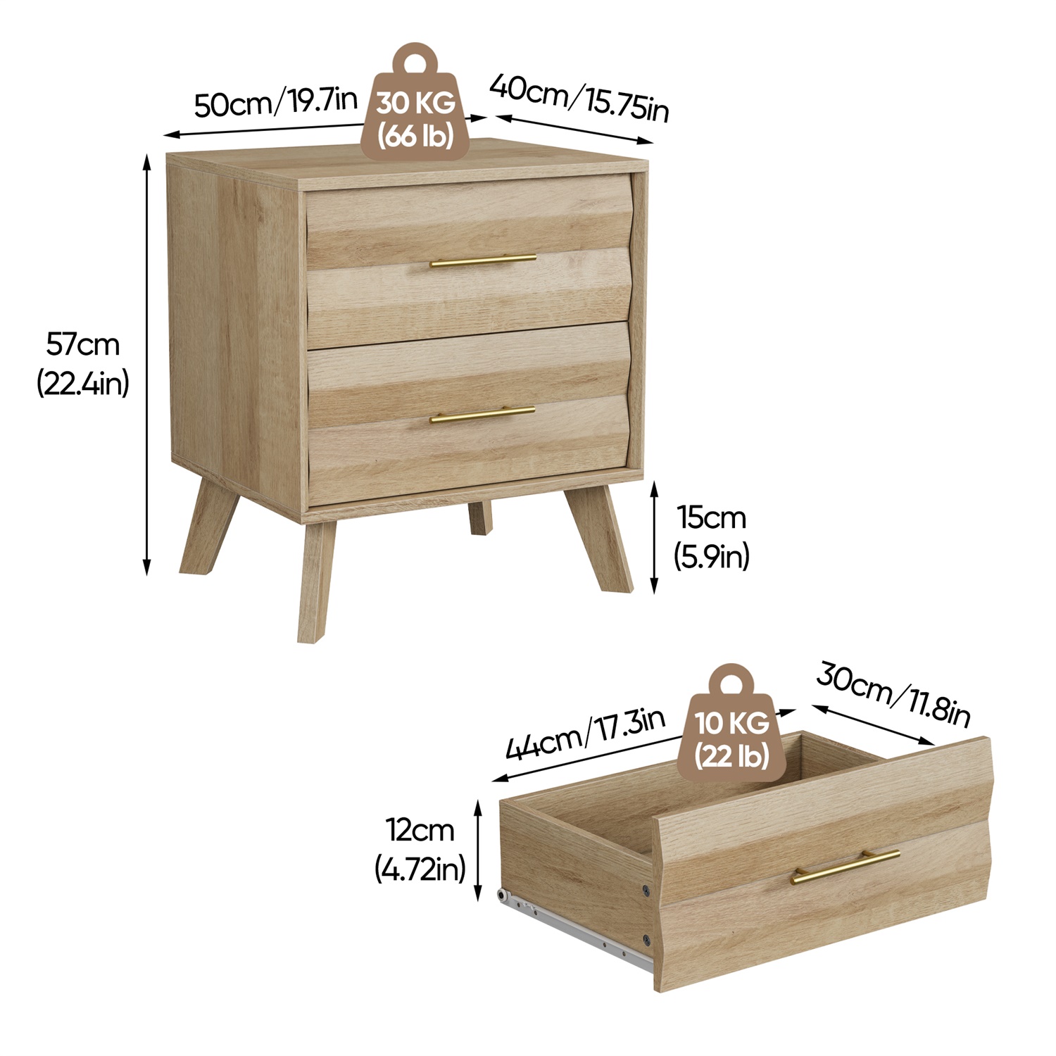 Hommoo Double Drawer Bedside Table, Modern Minimalist Nightstand with Metal Handles, Pine Wood Legs & Anti-Tip Safety Feature, Oak