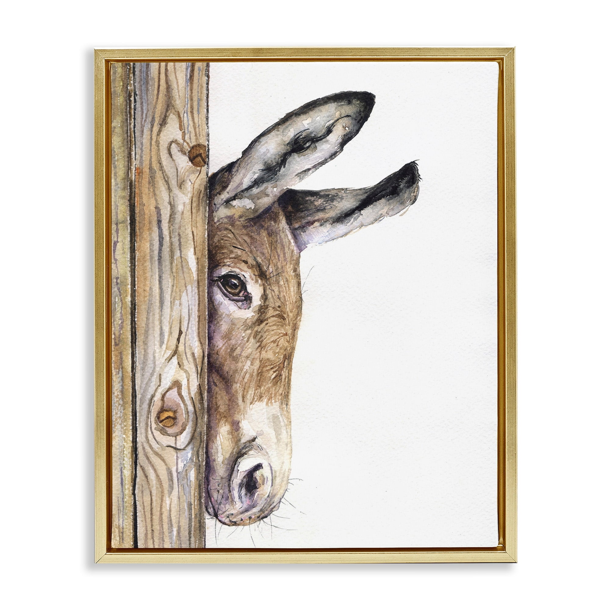Stupell Industries Cute Baby Donkey Animal Brown Watercolor Painting Metallic Gold Framed Floating Canvas Wall Art, 16x20, by George Dyachenko