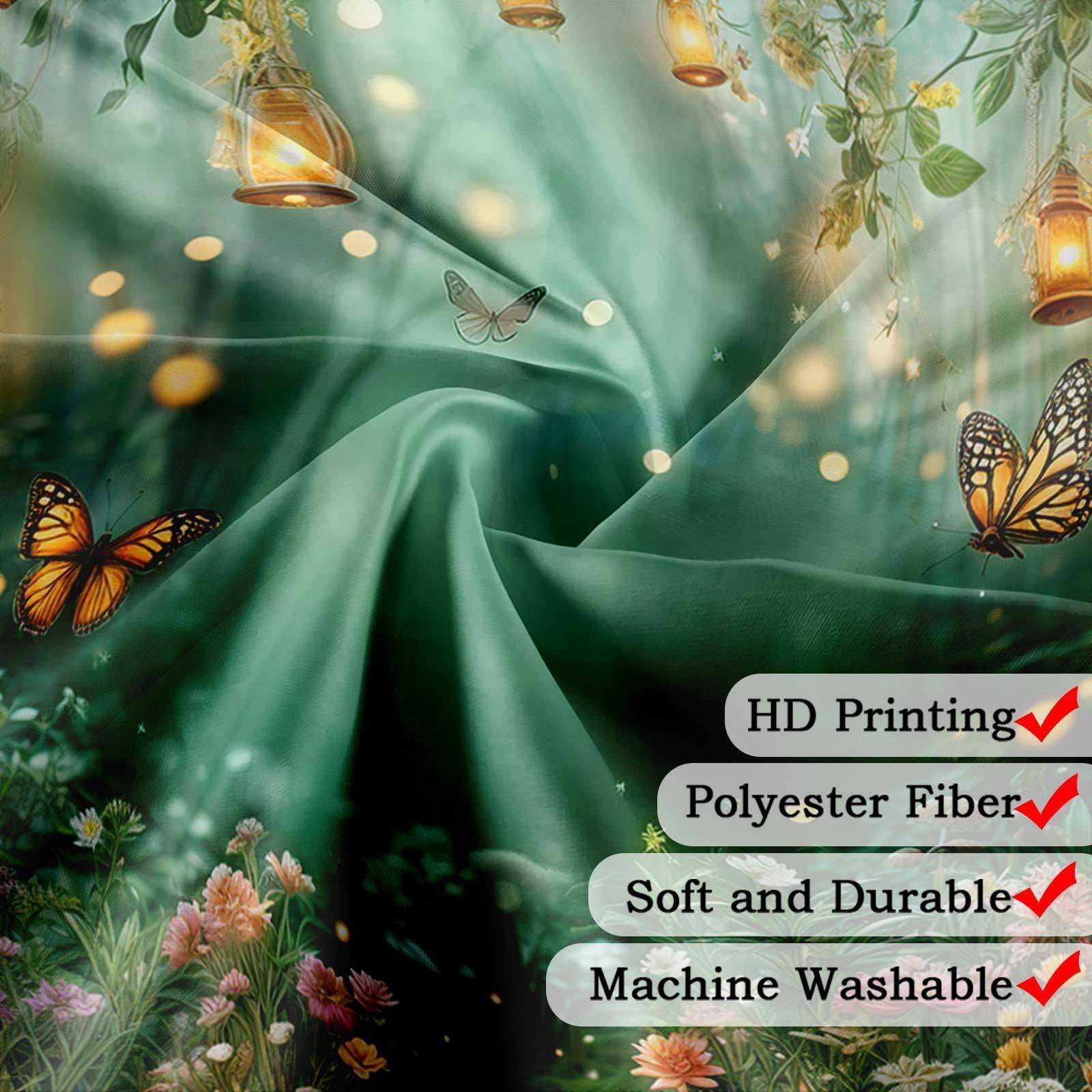 Spring Enchanted Forest Shower Curtain, Fairy Tale Wonderland Garden Shower Curtains Set for Bathroom, Mushroom Butterfly Woodland Fairy Fabric Bath Curtain with Hooks, 69X70IN