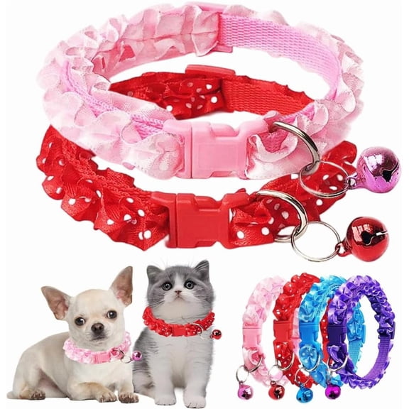 Puppy Collar with Bell,2-Pack Basic Xs Dog Collar,Wave Point Lace Cat Collar with Bell Adjustable Buckle for XXS Xs Extra Small Tiny Little Pet Female Kitten Dogs Neck 7.5-12.5 Inch