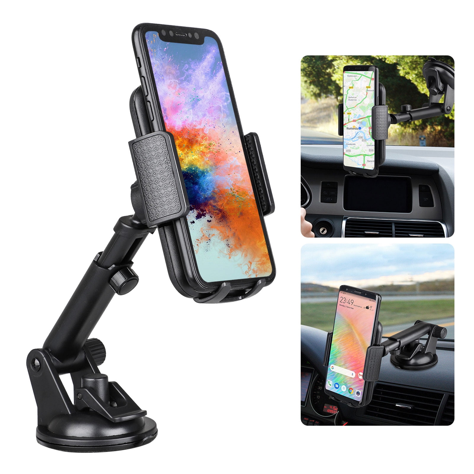 Windshield with Long Arm & Super Suction Hands-Free Phone Holder for Car Dashboard Compatible for iPhone 11/11 Pro/8+/8/X/XR/XS/7 & Samsung S20/S10/S9/S8 -Black Universal Car Phone Mount Easy Clamp 