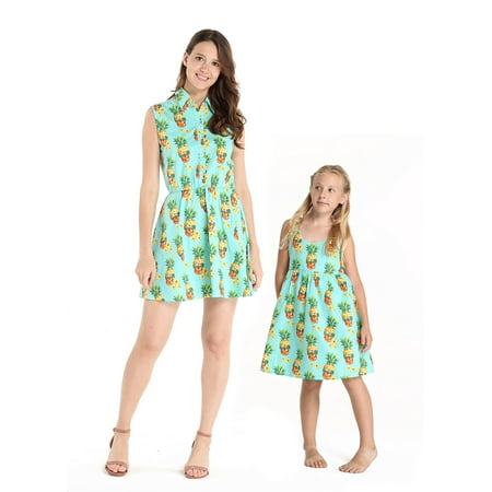 Matching Hawaiian Luau Mother Daughter Shirt Dresses in Halloween Pineapple Skull L-4