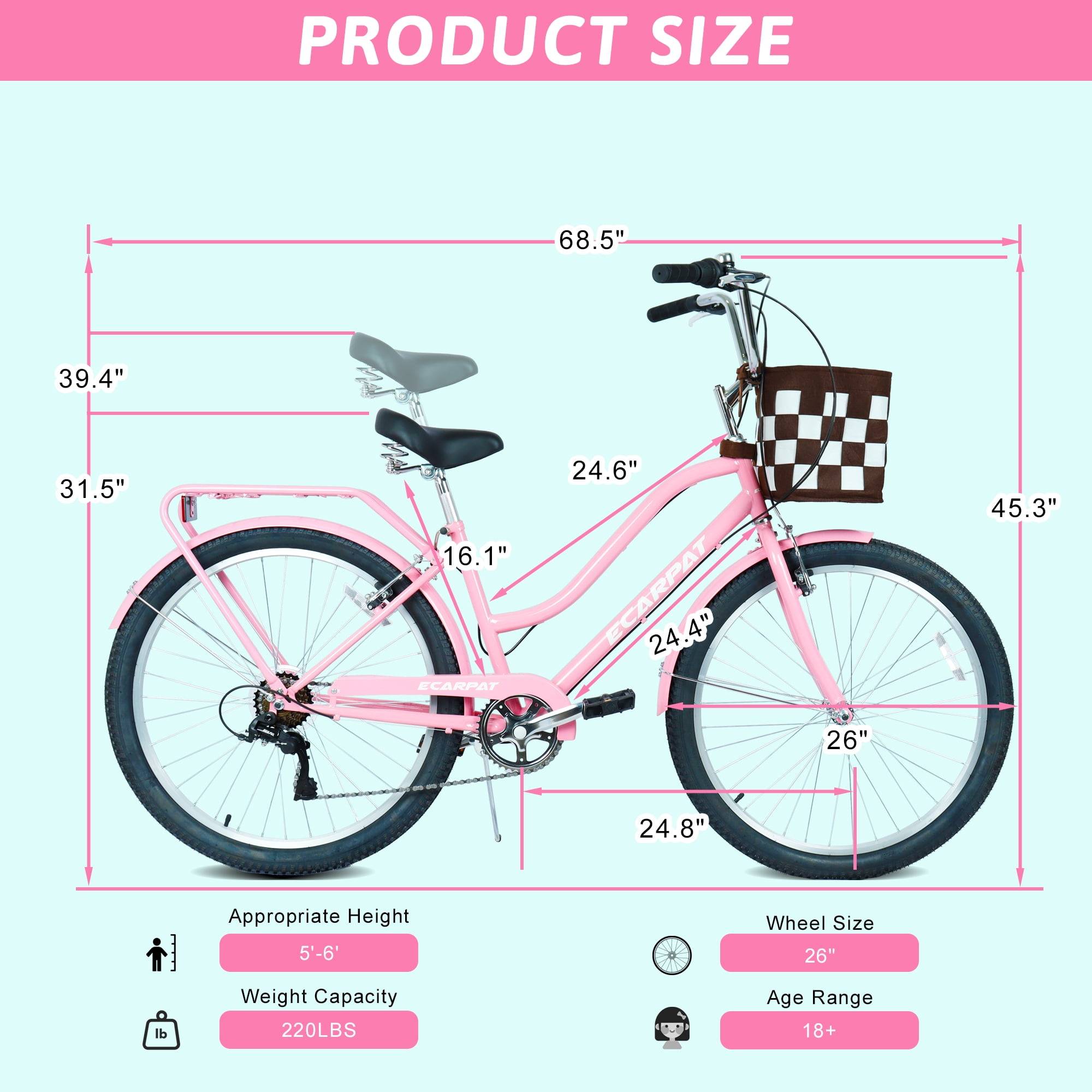 Raistyw 26" Women’s Cruiser Bikes, 7-Speed Lightweight City Commuter Bicycle with V-Brakes and Detachable Basket, Fits Ages 15+ Years Old, Pink