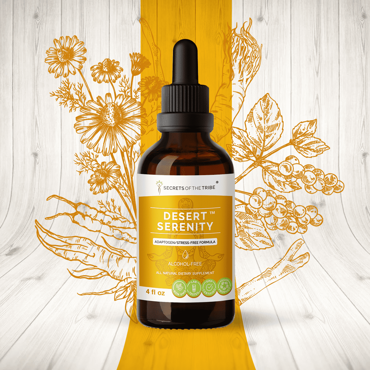 Desert Serenity Alcohol-FREE Extract, Tincture, Glycerite Eleuthero, Korean Red Ginseng, Ashwagandha, Chamomile, Rhodiola, Schisandra, Cordyceps. Adaptogen/Stress-free Formula 4 oz