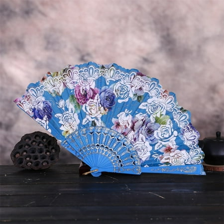 

MRULIC Fans Best Chinese Style Dance Wedding Party Lace Silk Folding Hand Held Flower Fan + Light blue