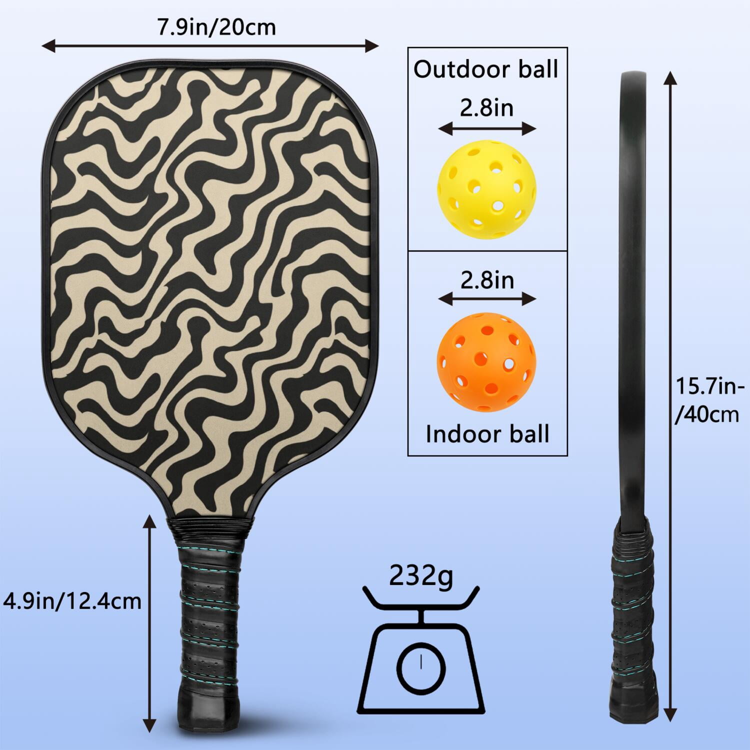 Pickleball Paddles Set Of 1, Fiberglass Surface, Animal, Leopard Print, 1 Paddle, 2 Balls & Bag