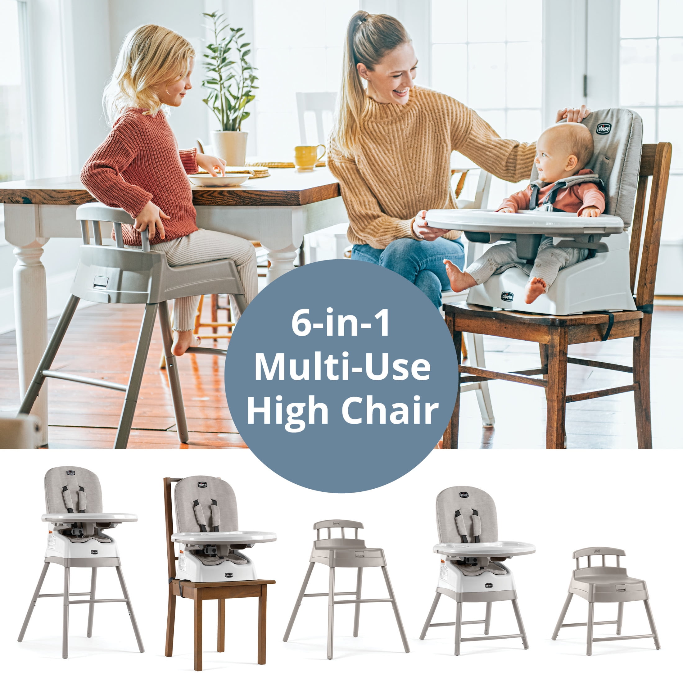 Chicco Stack Hi-Lo 6-in-1 Multi-Use High Chair, Booster and Stool with Tray - Sand (Beige), New