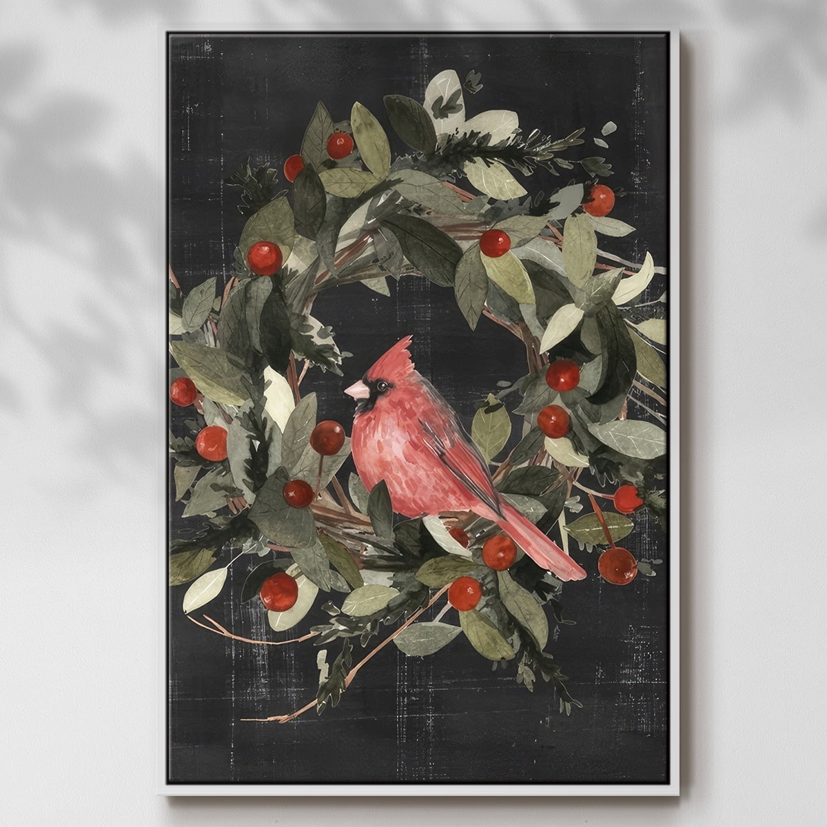 Christmas Cardinal I - Framed Gallery Wrapped Holiday Canvas - 17 x 25 - White Frame