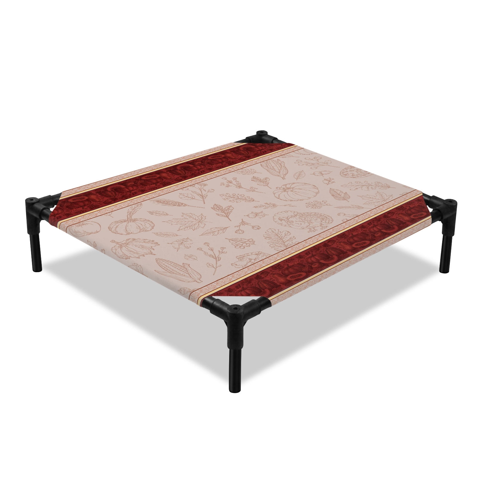 Thanksgiving Fall Elevated Dog Bed Rustic Pumpkin Turkey Leave Red Floral Border Cooling Breathable Outdoor Raised Dog Cot Bed with Metal Frame Non-Slip Feet for Small Dog 20x20in