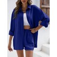 thumbnail image 6 of Cenuakty Women 2 Piece Outfits Solid Color Loose Long Sleeve Button Shirt and Casual Elastic Shorts Club Streetwear, 6 of 8